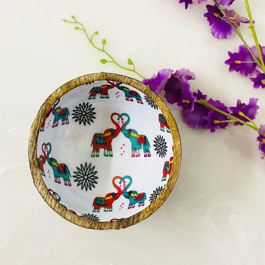 "Elephants In Love" Artistic Wooden Cutlery - Small Bowl I Serve ware I Hand Crafted I Living Room Décor I Decorative I Meena Print I Size-6*6*3 Inch