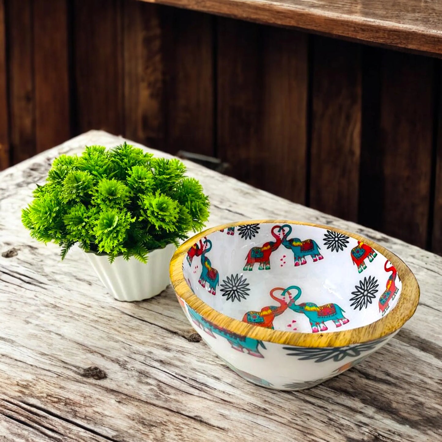 "Elephants In Love" Artistic Wooden Cutlery - Small Bowl I Serve ware I Hand Crafted I Living Room Décor I Decorative I Meena Print I Size-6*6*3 Inch