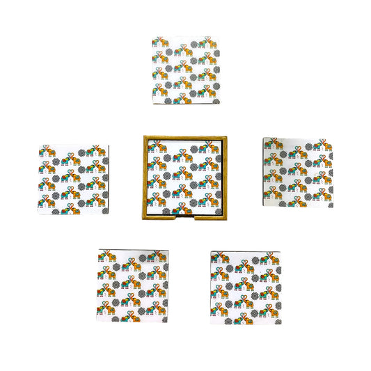 "Elephants In Love" Artistic Wooden Cutlery-Wooden Tea Coaster I Table ware I Hand Crafted I Home Décor I Decorative I Meena Print I Size- 4*4 Inch