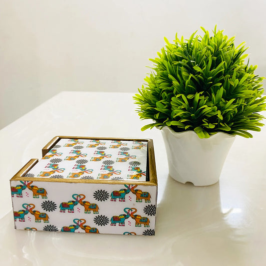 "Elephants In Love" Artistic Wooden Cutlery-Wooden Tea Coaster I Table ware I Hand Crafted I Home Décor I Decorative I Meena Print I Size- 4*4 Inch