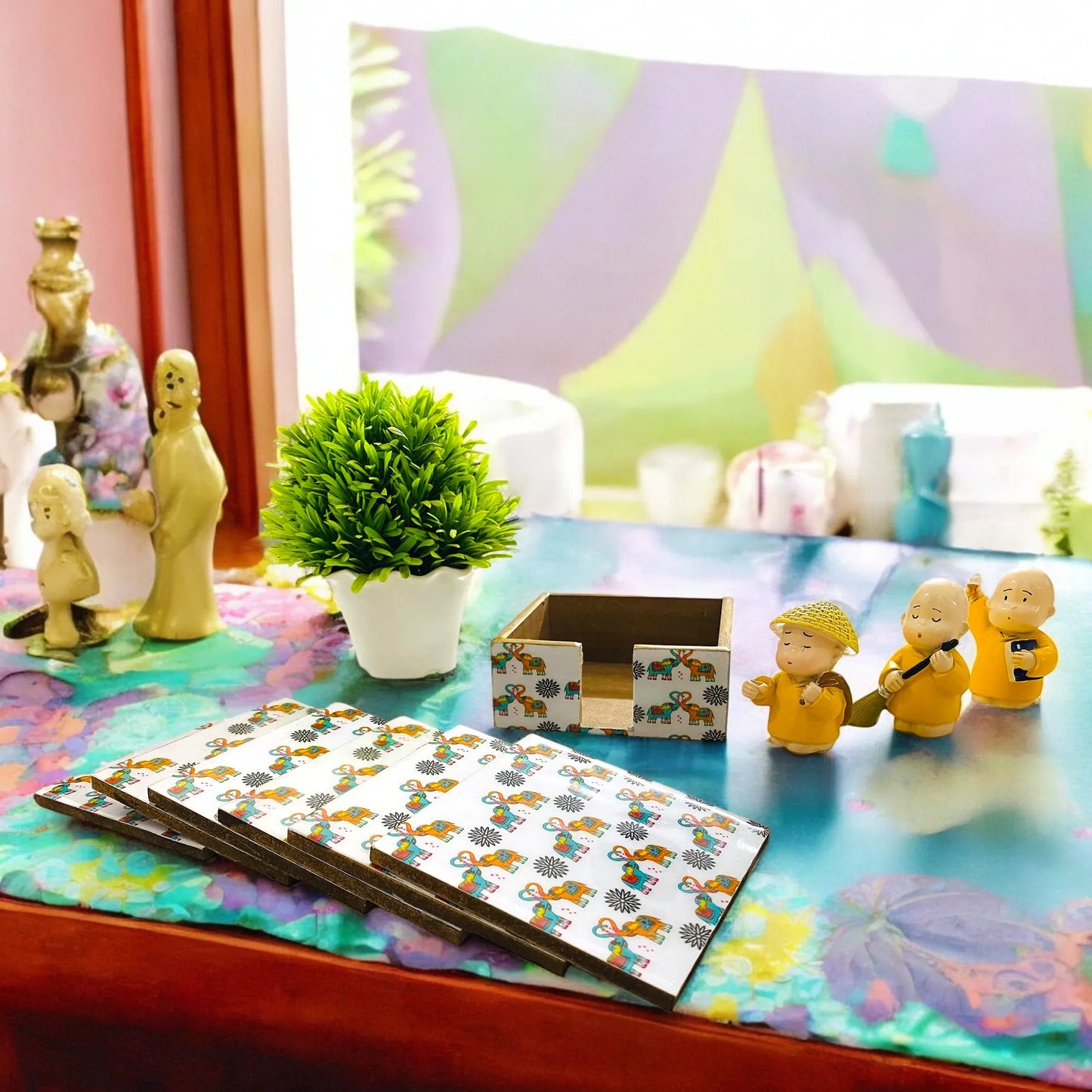 "Elephants In Love" Artistic Wooden Cutlery-Wooden Tea Coaster I Table ware I Hand Crafted I Home Décor I Decorative I Meena Print I Size- 4*4 Inch