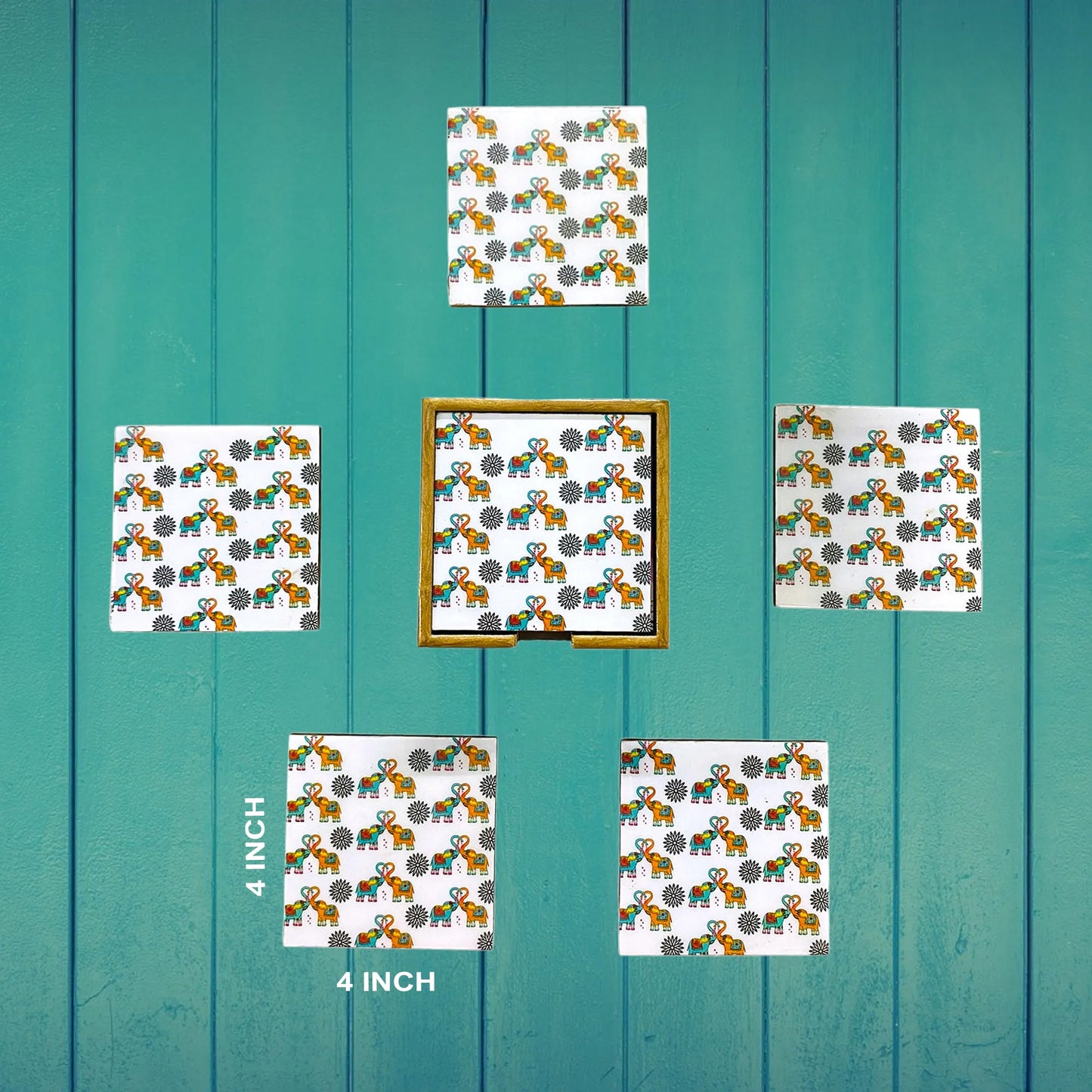 "Elephants In Love" Artistic Wooden Cutlery-Wooden Tea Coaster I Table ware I Hand Crafted I Home Décor I Decorative I Meena Print I Size- 4*4 Inch