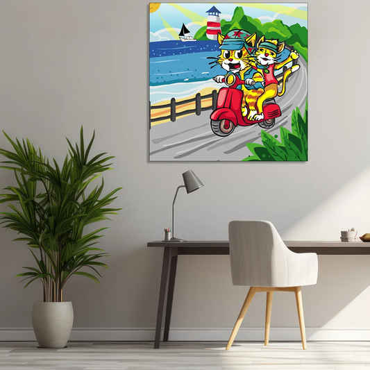 "Trendy Cats: Doodle Illustration of Joyful Vespa Ride Along the Coastline" Canvas Print I Wall Décor I Art work I 2 Feet *2 Feet I Art on Wall I Authentic Art I