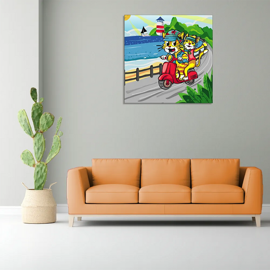 "Trendy Cats: Doodle Illustration of Joyful Vespa Ride Along the Coastline" Canvas Print I Wall Décor I Art work I 2 Feet *2 Feet I Art on Wall I Authentic Art I