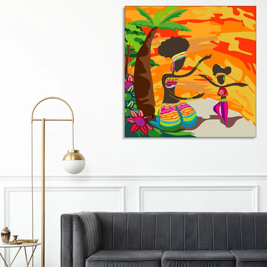 "African Sunset Serenity: A Heartwarming Doodle Illustration of Mother and Child Bonding" Canvas Print I Wall Décor I Art work I 2 Feet *2 Feet I Art on Wall I Authentic Art I