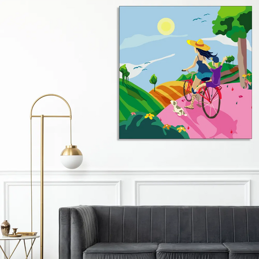 "Summer Adventure: A Joyful Doodle Illustration of Mother and Child Cycling Through Wheat Fields" Canvas Print I Wall Décor I Art work I 2 Feet *2 Feet I Art on Wall I Authentic Art I