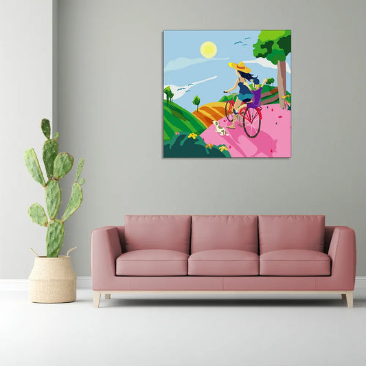 "Summer Adventure: A Joyful Doodle Illustration of Mother and Child Cycling Through Wheat Fields" Canvas Print I Wall Décor I Art work I 2 Feet *2 Feet I Art on Wall I Authentic Art I