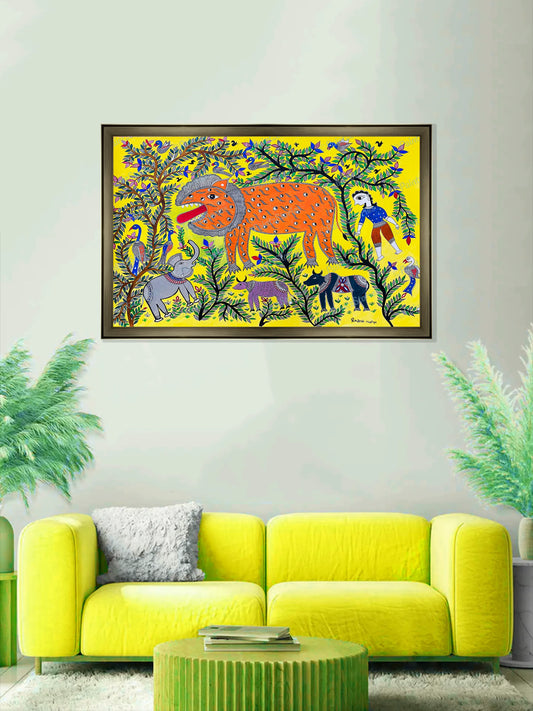 A lion, animals and birds in the jungle