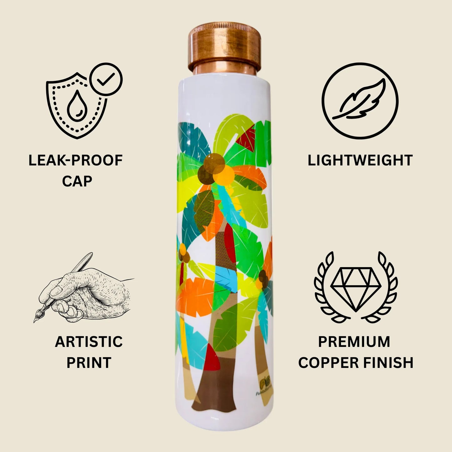 PAINTZSTORIES A Celebration of Palm Trees Meena Print Copper Water Bottle | Handcrafted Tamba Bottle | Premium Copper Water Bottle for Home Décor, Office, Travel & Gifting | 900 ml