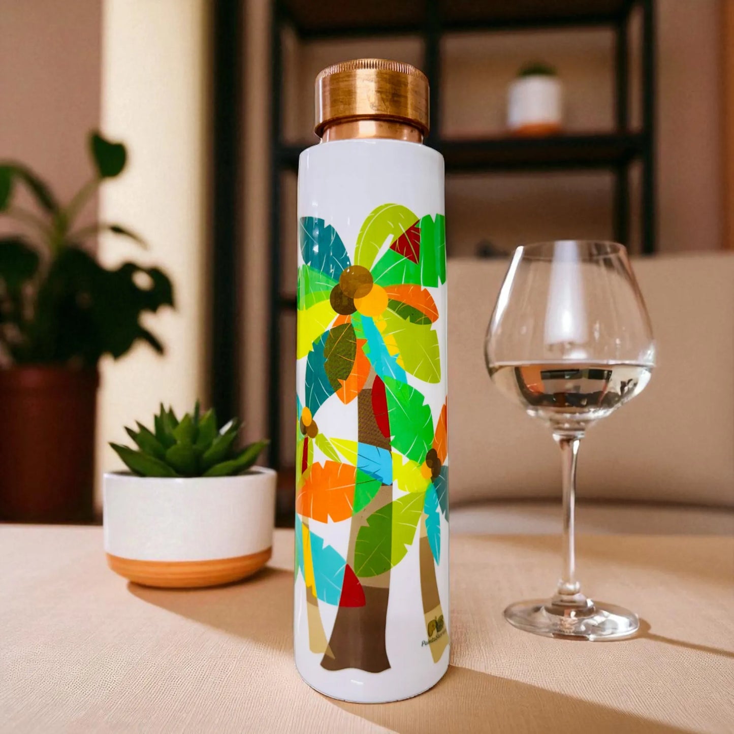 PAINTZSTORIES A Celebration of Palm Trees Meena Print Copper Water Bottle | Handcrafted Tamba Bottle | Premium Copper Water Bottle for Home Décor, Office, Travel & Gifting | 900 ml