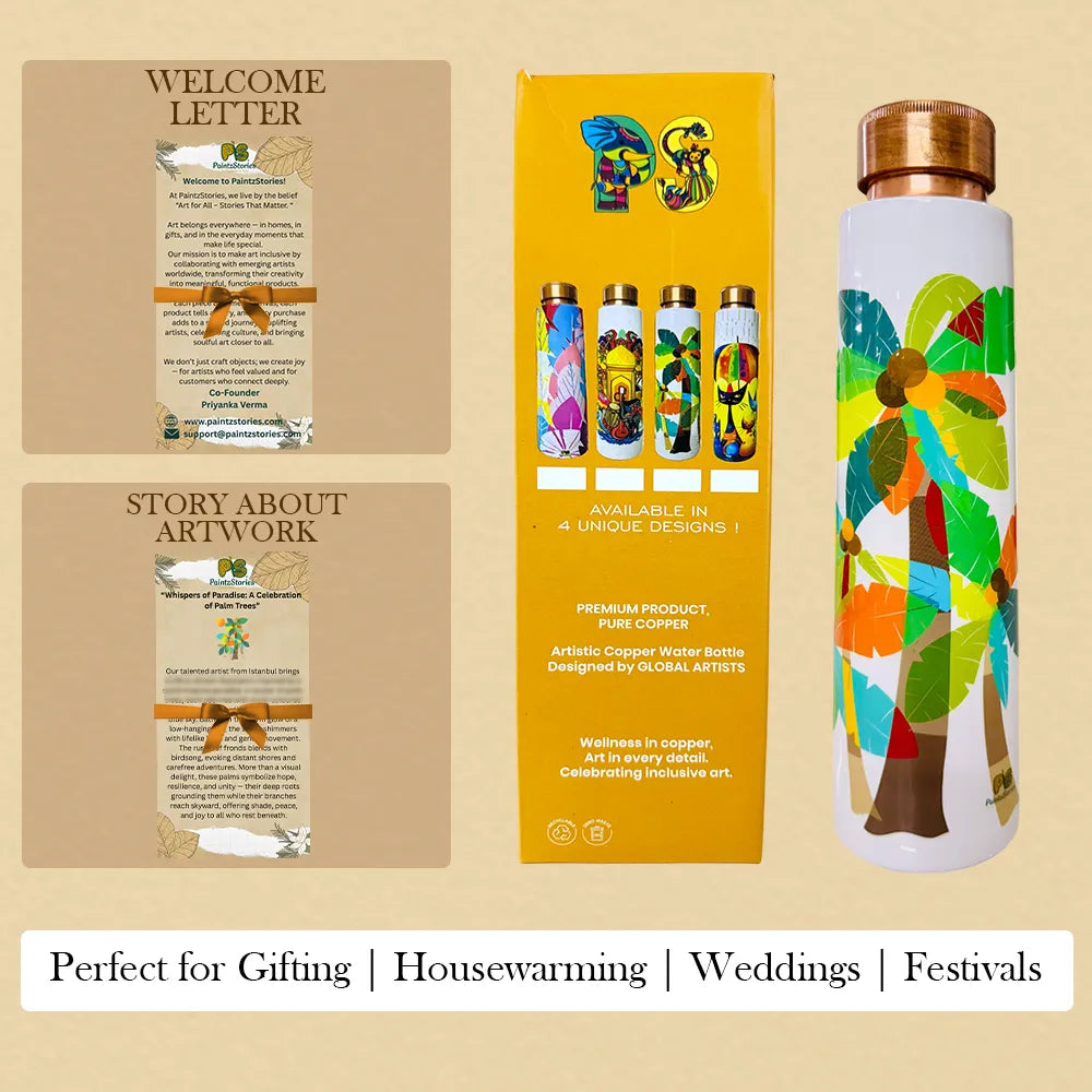 PAINTZSTORIES A Celebration of Palm Trees Meena Print Copper Water Bottle | Handcrafted Tamba Bottle | Premium Copper Water Bottle for Home Décor, Office, Travel & Gifting | 900 ml