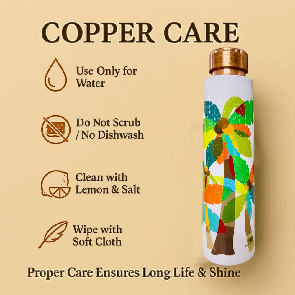 PAINTZSTORIES A Celebration of Palm Trees Meena Print Copper Water Bottle | Handcrafted Tamba Bottle | Premium Copper Water Bottle for Home Décor, Office, Travel & Gifting | 900 ml