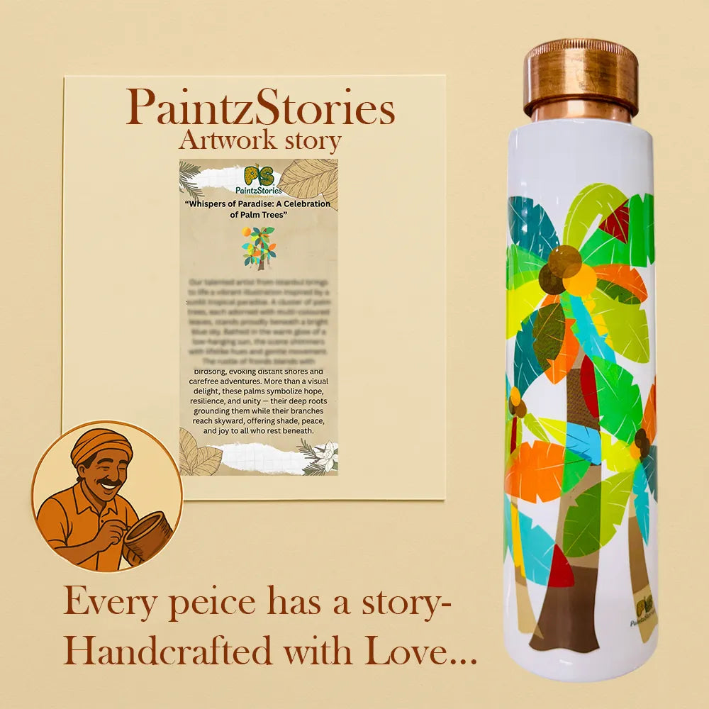 PAINTZSTORIES A Celebration of Palm Trees Meena Print Copper Water Bottle | Handcrafted Tamba Bottle | Premium Copper Water Bottle for Home Décor, Office, Travel & Gifting | 900 ml