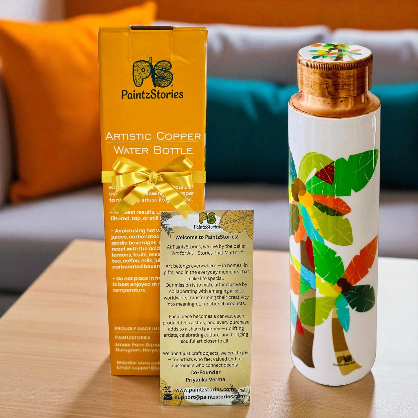 PAINTZSTORIES A Celebration of Palm Trees Meena Print Copper Water Bottle | Handcrafted Tamba Bottle | Premium Copper Water Bottle for Home Décor, Office, Travel & Gifting | 900 ml