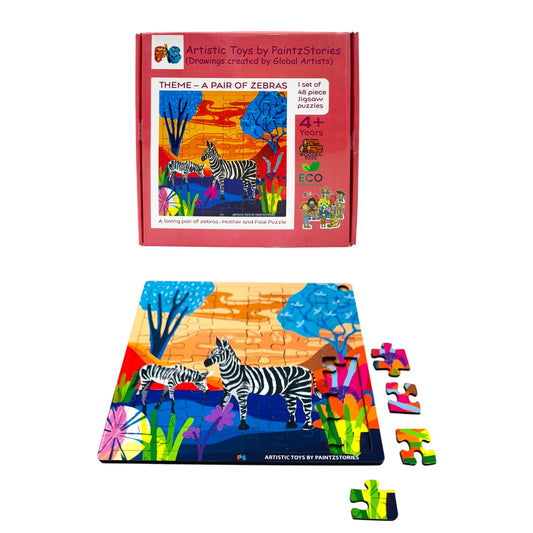 PAINTZSTORIES A Loving Pair of Zebras Wooden Puzzle | 1 Set 48 Pieces Jigsaw Puzzle | Educational Puzzle for Cognitive & Motor Skills Development | Birthday Gift for Kids | 4+ Years | Size 9 * 9 Inch