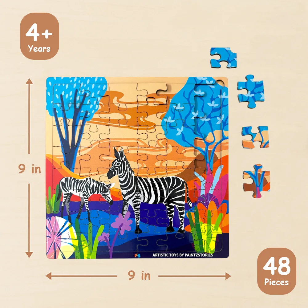PAINTZSTORIES A Loving Pair of Zebras Wooden Puzzle | 1 Set 48 Pieces Jigsaw Puzzle | Educational Puzzle for Cognitive & Motor Skills Development | Birthday Gift for Kids | 4+ Years | Size 9 * 9 Inch