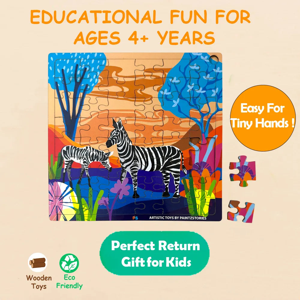 PAINTZSTORIES A Loving Pair of Zebras Wooden Puzzle | 1 Set 48 Pieces Jigsaw Puzzle | Educational Puzzle for Cognitive & Motor Skills Development | Birthday Gift for Kids | 4+ Years | Size 9 * 9 Inch