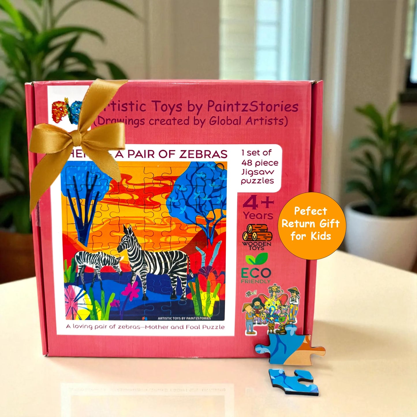 PAINTZSTORIES A Loving Pair of Zebras Wooden Puzzle | 1 Set 48 Pieces Jigsaw Puzzle | Educational Puzzle for Cognitive & Motor Skills Development | Birthday Gift for Kids | 4+ Years | Size 9 * 9 Inch