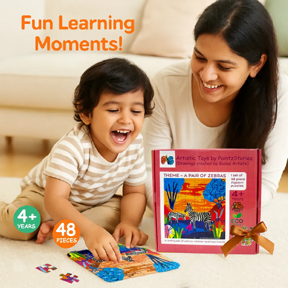 PAINTZSTORIES A Loving Pair of Zebras Wooden Puzzle | 1 Set 48 Pieces Jigsaw Puzzle | Educational Puzzle for Cognitive & Motor Skills Development | Birthday Gift for Kids | 4+ Years | Size 9 * 9 Inch
