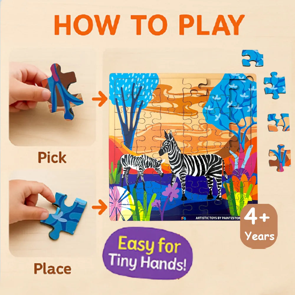 PAINTZSTORIES A Loving Pair of Zebras Wooden Puzzle | 1 Set 48 Pieces Jigsaw Puzzle | Educational Puzzle for Cognitive & Motor Skills Development | Birthday Gift for Kids | 4+ Years | Size 9 * 9 Inch