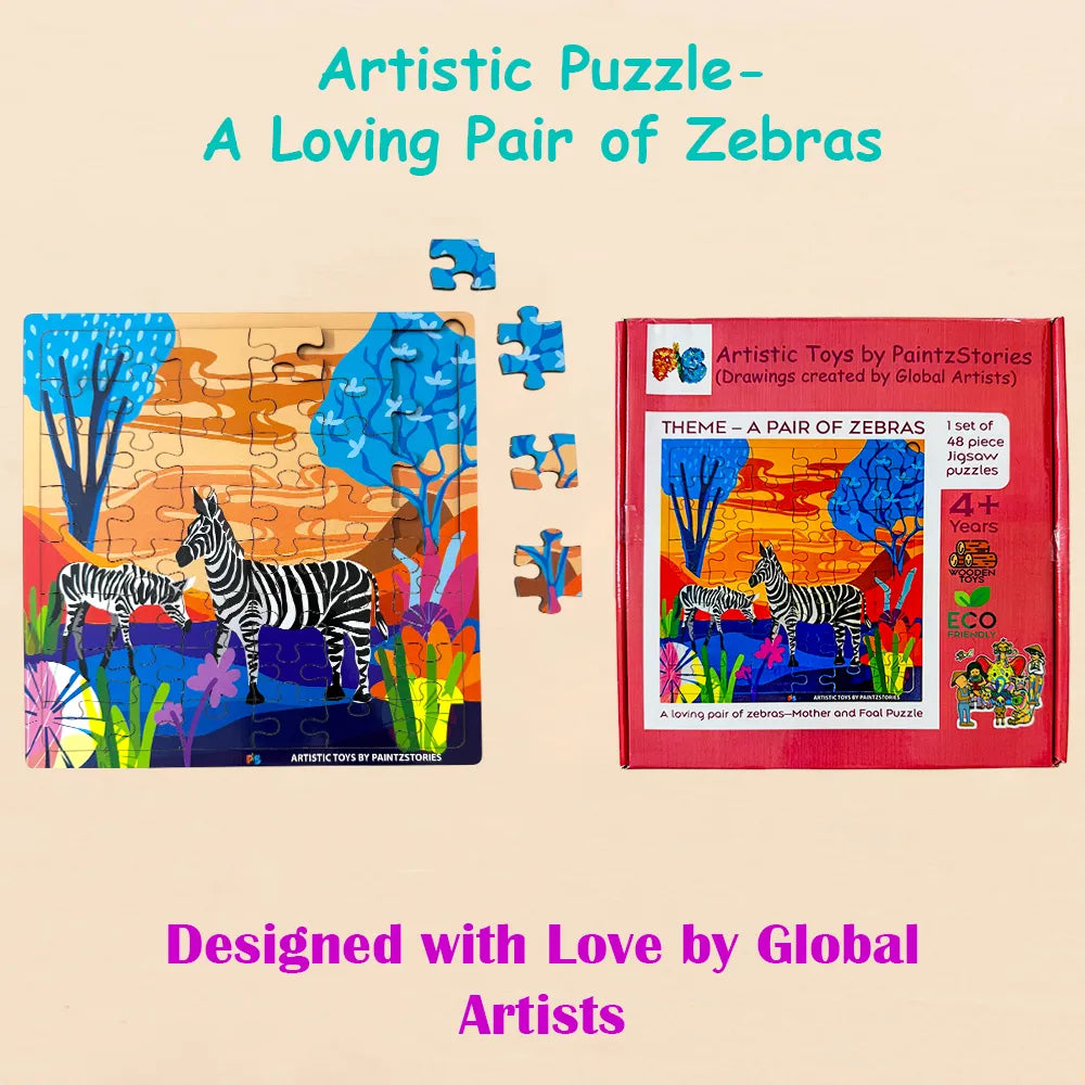 PAINTZSTORIES A Loving Pair of Zebras Wooden Puzzle | 1 Set 48 Pieces Jigsaw Puzzle | Educational Puzzle for Cognitive & Motor Skills Development | Birthday Gift for Kids | 4+ Years | Size 9 * 9 Inch
