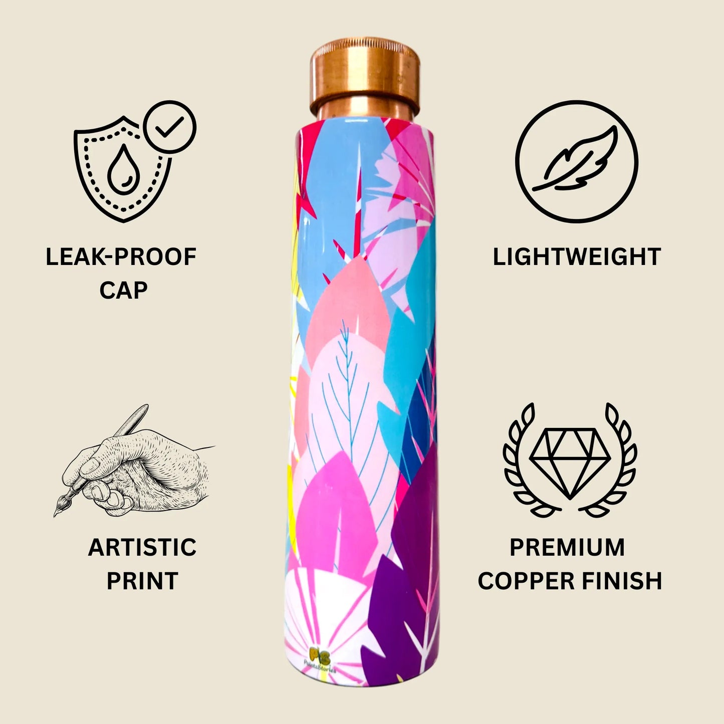 PAINTZSTORIES Cycle of Seasons Meena Print Copper Water Bottle | Handcrafted Tamba Bottle | Premium Copper Water Bottle for Home Décor, Office, Travel & Gifting | 900 ml
