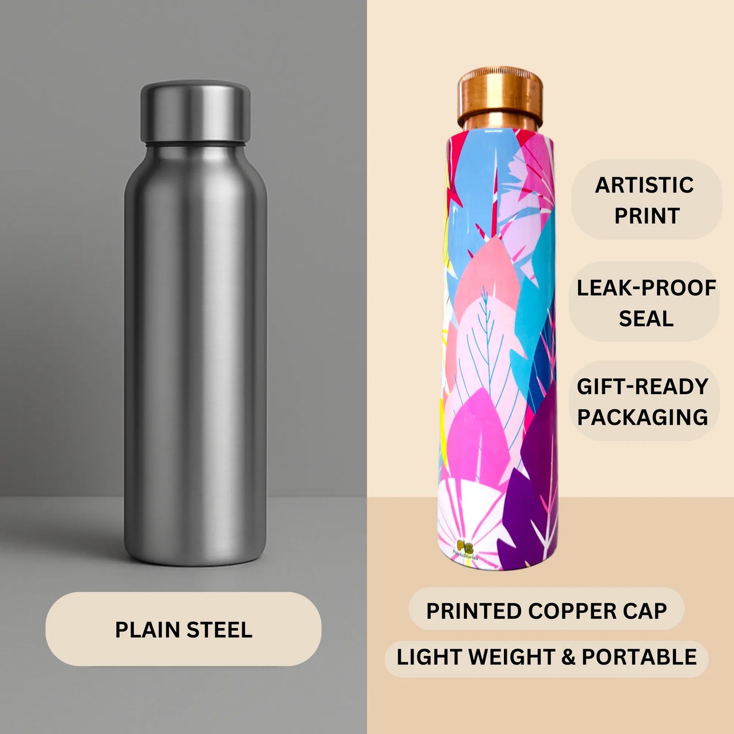 PAINTZSTORIES Cycle of Seasons Meena Print Copper Water Bottle | Handcrafted Tamba Bottle | Premium Copper Water Bottle for Home Décor, Office, Travel & Gifting | 900 ml