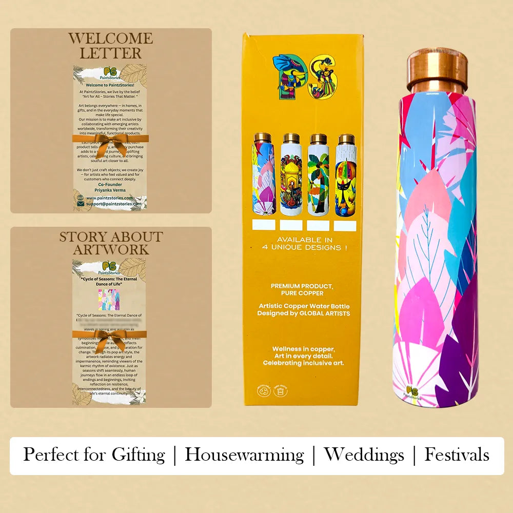 PAINTZSTORIES Cycle of Seasons Meena Print Copper Water Bottle | Handcrafted Tamba Bottle | Premium Copper Water Bottle for Home Décor, Office, Travel & Gifting | 900 ml