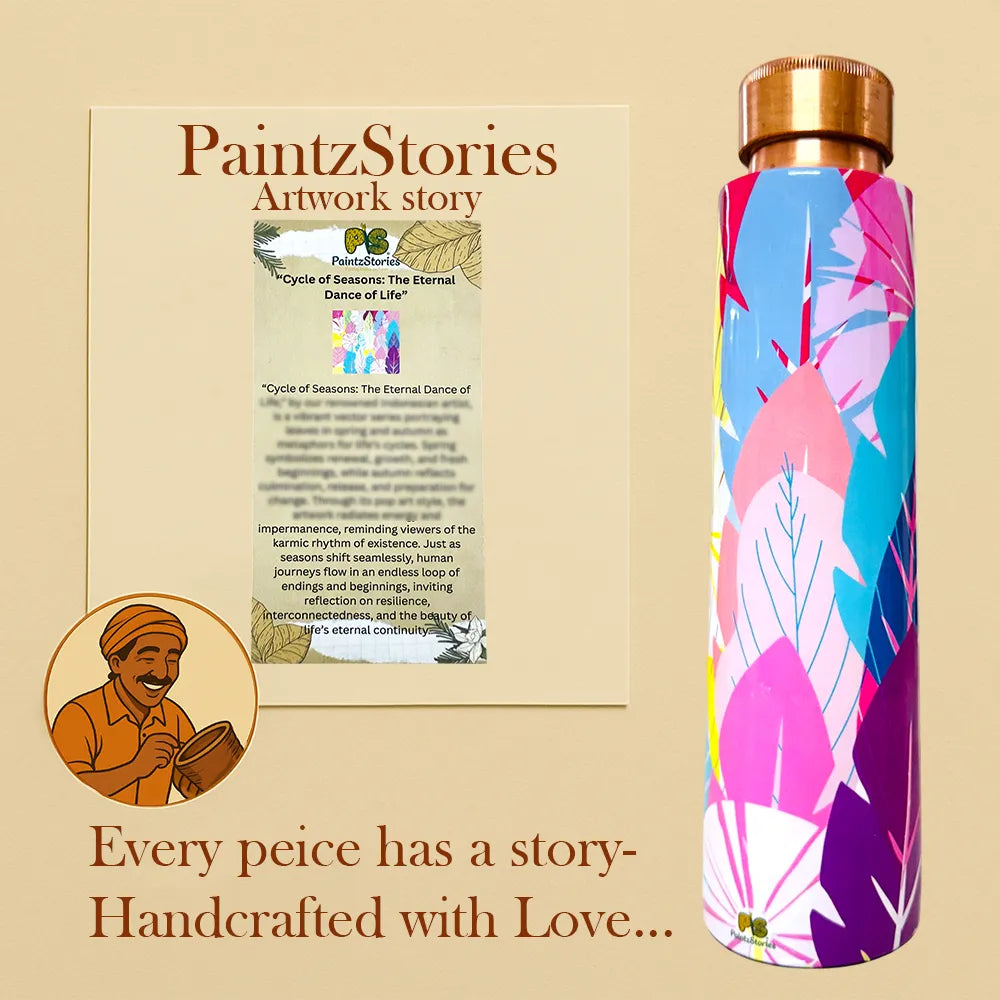 PAINTZSTORIES Cycle of Seasons Meena Print Copper Water Bottle | Handcrafted Tamba Bottle | Premium Copper Water Bottle for Home Décor, Office, Travel & Gifting | 900 ml