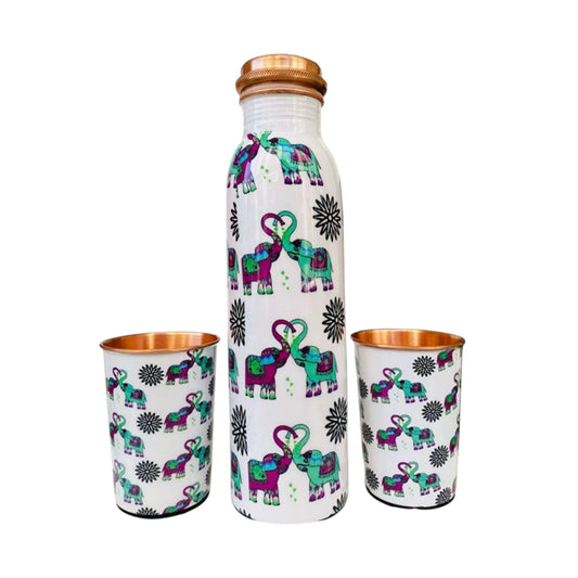 PAINTZSTORIES Elephants In Love Artistic Copper Water Bottle Set | Handcrafted Tamba Bottle with 2 Glasses | Premium Copper Water Bottle for Home Décor, Office, Travel & Gifting | 900 ml