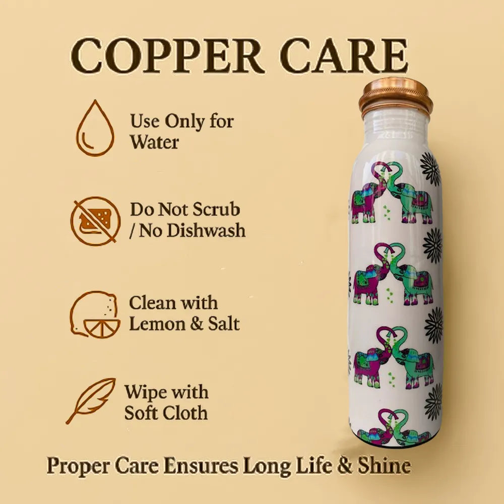 Copper maintenance instructions for Elephants In Love bottle set for long lasting use