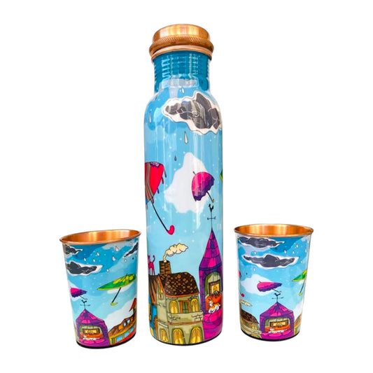PAINTZSTORIES Embracing Rainy Delight Meena Print Copper Water Bottle Set | Handcrafted Tamba Bottle with 2 Glasses | Premium Copper Water Bottle for Home Décor, Office, Travel & Gifting | 900 ml