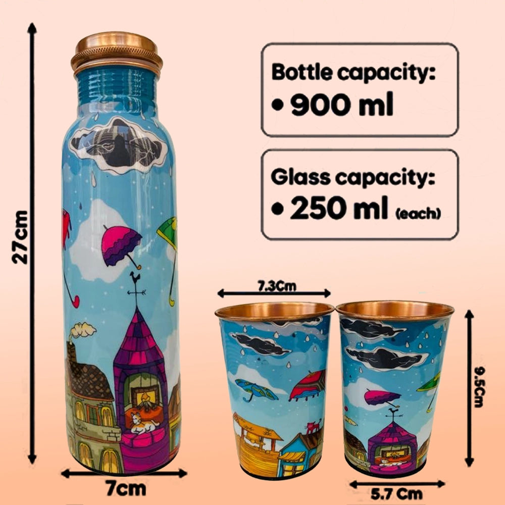 PAINTZSTORIES Embracing Rainy Delight Meena Print Copper Water Bottle Set | Handcrafted Tamba Bottle with 2 Glasses | Premium Copper Water Bottle for Home Décor, Office, Travel & Gifting | 900 ml