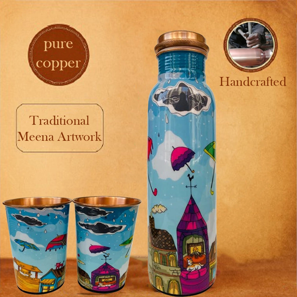 PAINTZSTORIES Embracing Rainy Delight Meena Print Copper Water Bottle Set | Handcrafted Tamba Bottle with 2 Glasses | Premium Copper Water Bottle for Home Décor, Office, Travel & Gifting | 900 ml