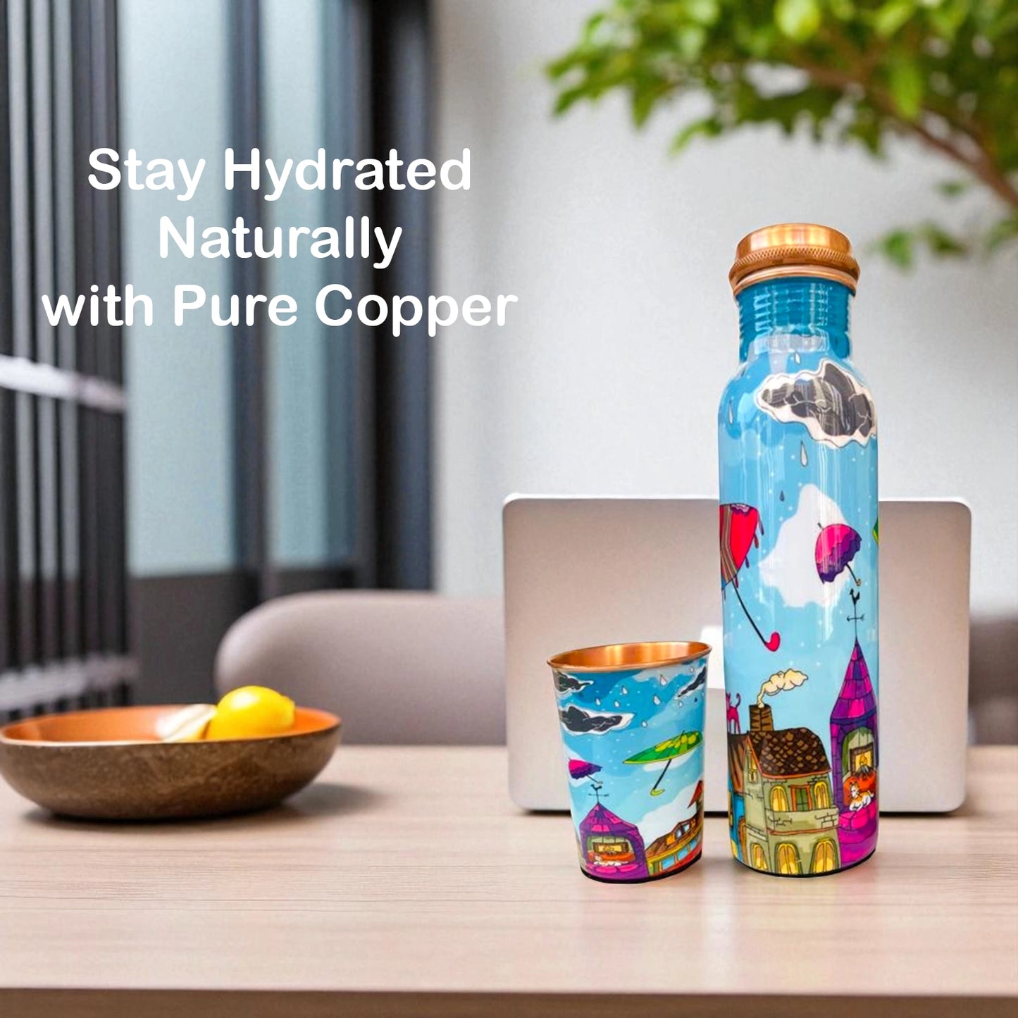 PAINTZSTORIES Embracing Rainy Delight Meena Print Copper Water Bottle Set | Handcrafted Tamba Bottle with 2 Glasses | Premium Copper Water Bottle for Home Décor, Office, Travel & Gifting | 900 ml