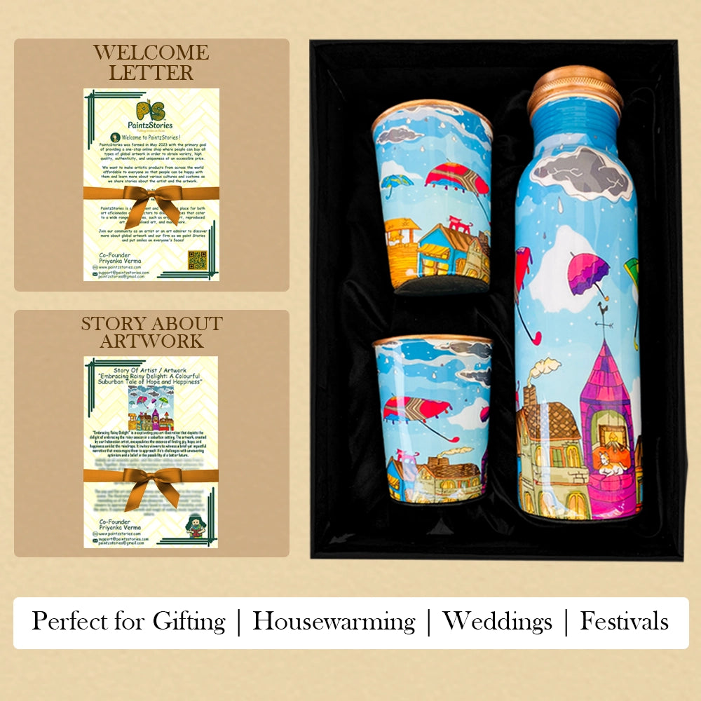 PAINTZSTORIES Embracing Rainy Delight Meena Print Copper Water Bottle Set | Handcrafted Tamba Bottle with 2 Glasses | Premium Copper Water Bottle for Home Décor, Office, Travel & Gifting | 900 ml