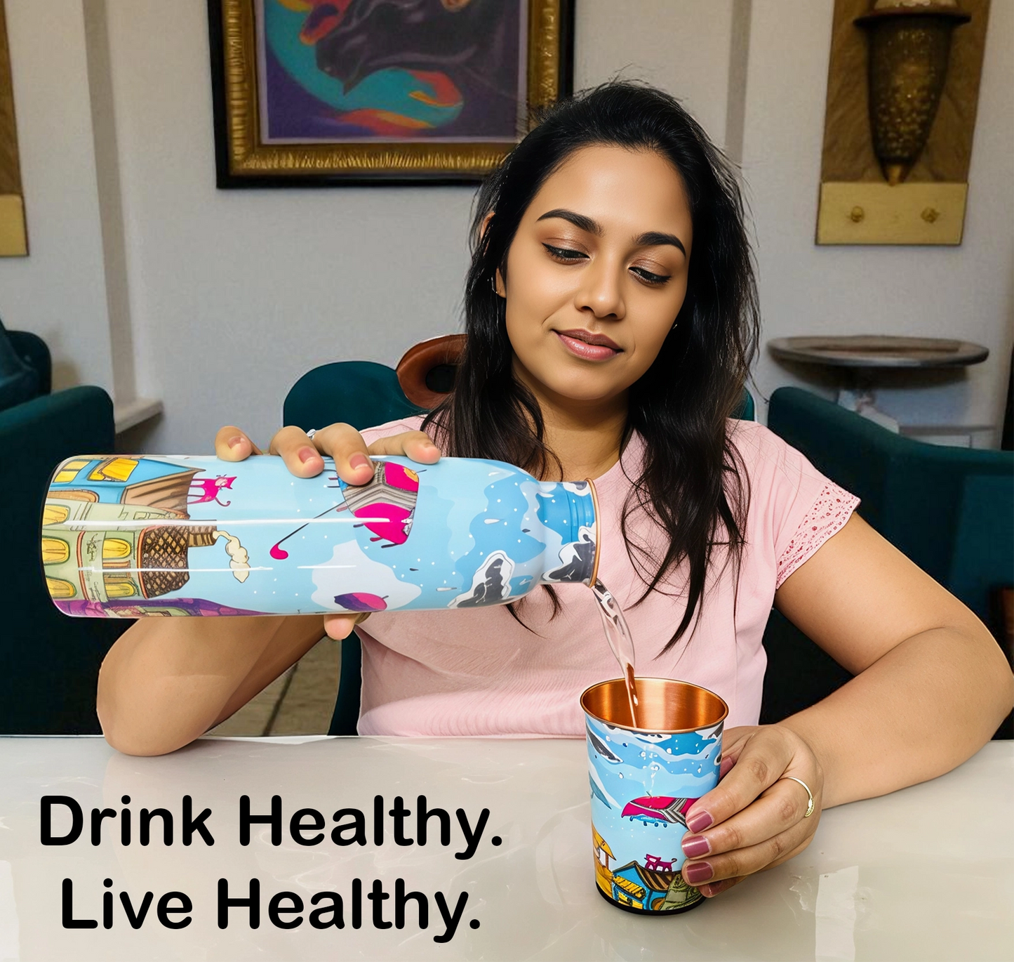 PAINTZSTORIES Embracing Rainy Delight Meena Print Copper Water Bottle Set | Handcrafted Tamba Bottle with 2 Glasses | Premium Copper Water Bottle for Home Décor, Office, Travel & Gifting | 900 ml