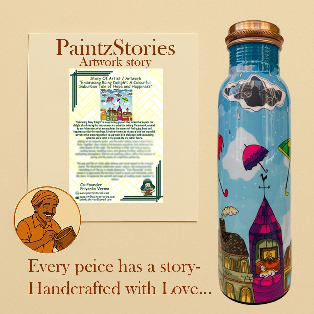 PAINTZSTORIES Embracing Rainy Delight Meena Print Copper Water Bottle Set | Handcrafted Tamba Bottle with 2 Glasses | Premium Copper Water Bottle for Home Décor, Office, Travel & Gifting | 900 ml