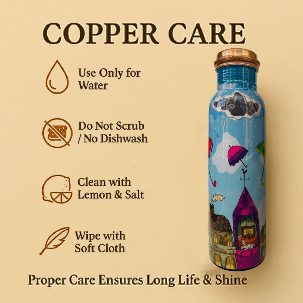 PAINTZSTORIES Embracing Rainy Delight Meena Print Copper Water Bottle Set | Handcrafted Tamba Bottle with 2 Glasses | Premium Copper Water Bottle for Home Décor, Office, Travel & Gifting | 900 ml