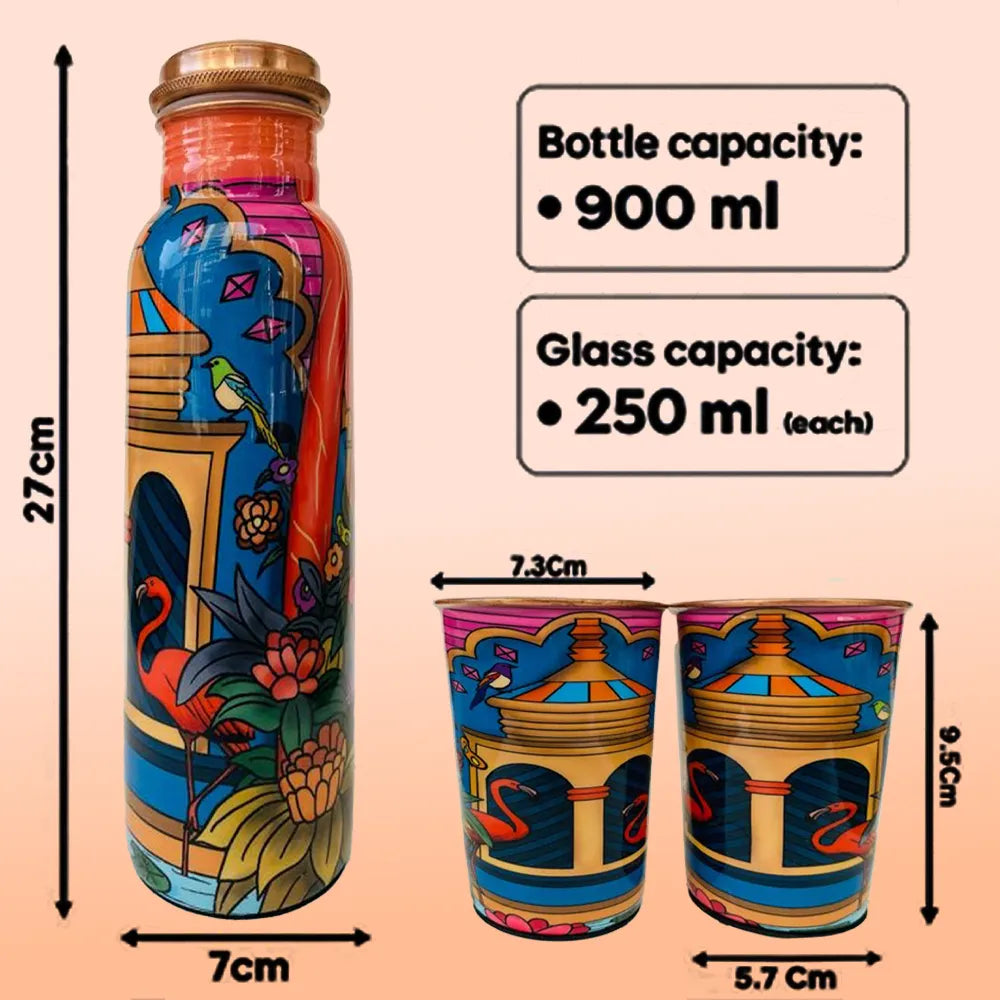 PAINTZSTORIES Flamingos In The Tomb Meena Print Copper Water Bottle Set | Handcrafted Tamba Bottle with 2 Glasses | Premium Copper Water Bottle for Home Décor, Office, Travel & Gifting | 900 ml