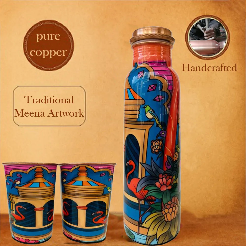 PAINTZSTORIES Flamingos In The Tomb Meena Print Copper Water Bottle Set | Handcrafted Tamba Bottle with 2 Glasses | Premium Copper Water Bottle for Home Décor, Office, Travel & Gifting | 900 ml
