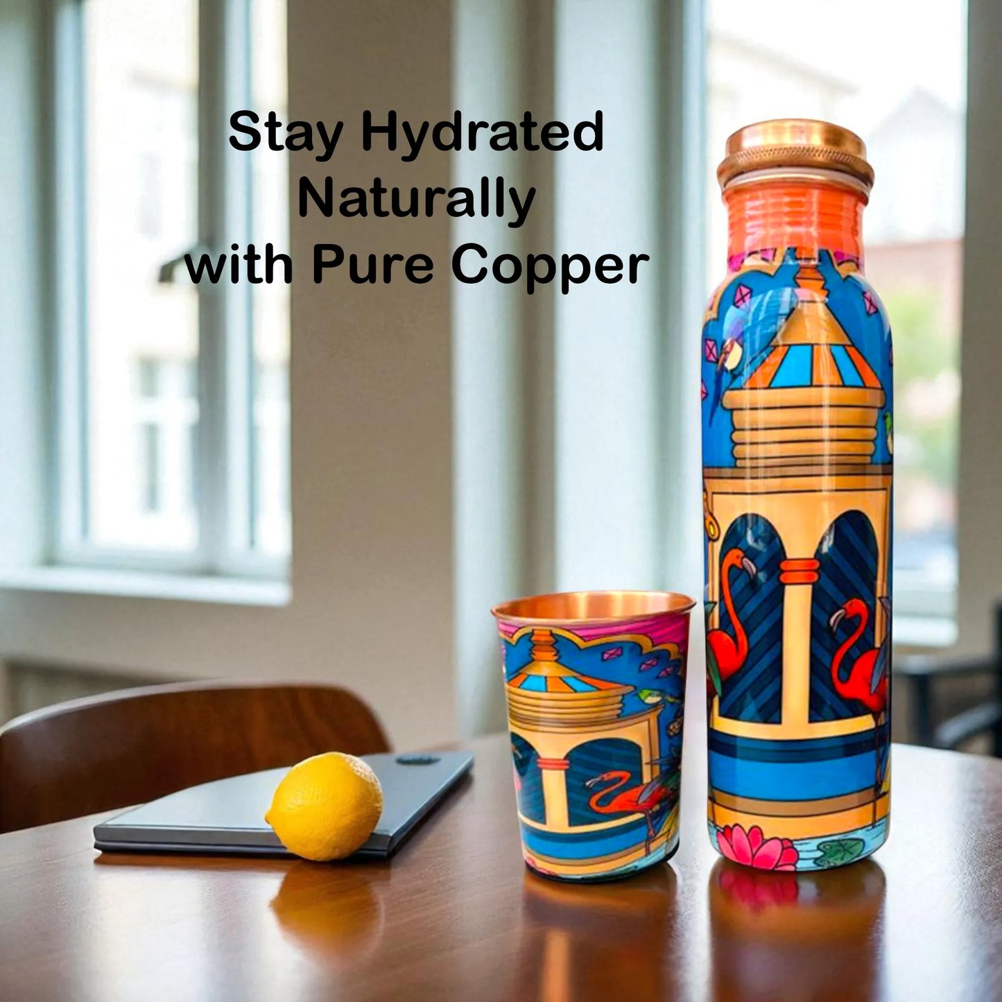 PAINTZSTORIES Flamingos In The Tomb Meena Print Copper Water Bottle Set | Handcrafted Tamba Bottle with 2 Glasses | Premium Copper Water Bottle for Home Décor, Office, Travel & Gifting | 900 ml