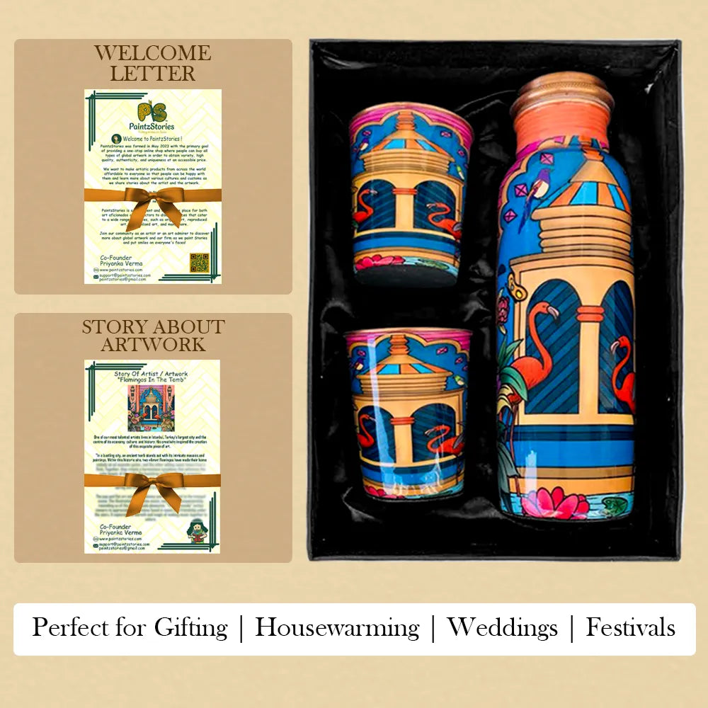 PAINTZSTORIES Flamingos In The Tomb Meena Print Copper Water Bottle Set | Handcrafted Tamba Bottle with 2 Glasses | Premium Copper Water Bottle for Home Décor, Office, Travel & Gifting | 900 ml