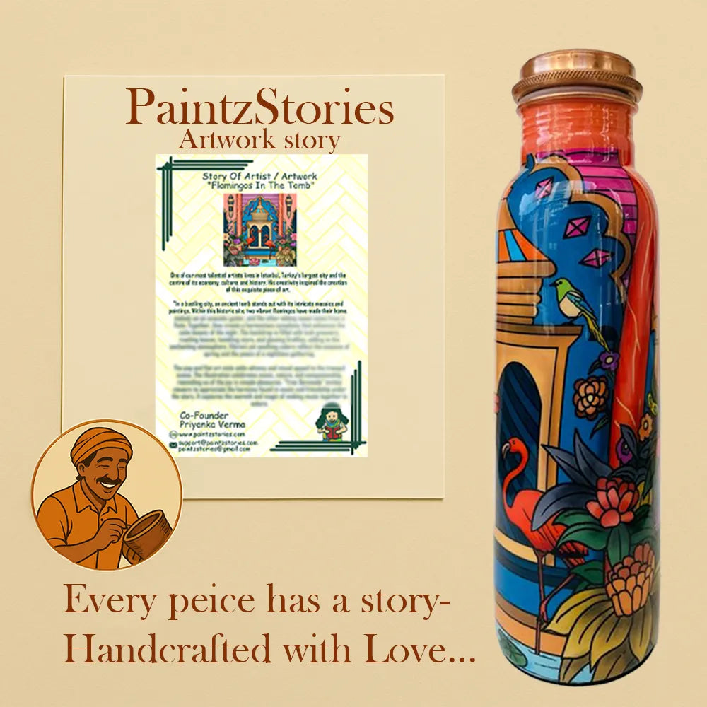 PAINTZSTORIES Flamingos In The Tomb Meena Print Copper Water Bottle Set | Handcrafted Tamba Bottle with 2 Glasses | Premium Copper Water Bottle for Home Décor, Office, Travel & Gifting | 900 ml
