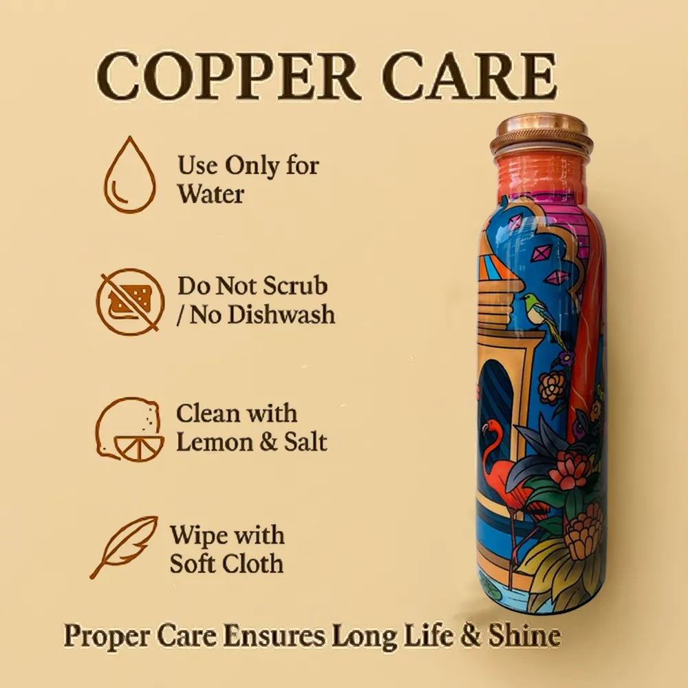 PAINTZSTORIES Flamingos In The Tomb Meena Print Copper Water Bottle Set | Handcrafted Tamba Bottle with 2 Glasses | Premium Copper Water Bottle for Home Décor, Office, Travel & Gifting | 900 ml