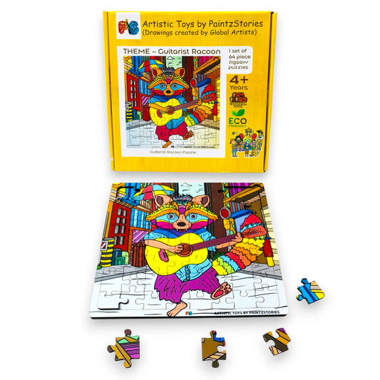 PAINTZSTORIES Guitarist Raccoon Wooden Puzzle | 1 Set 64 Pieces Jigsaw Puzzle | Educational Puzzle for Cognitive & Motor Skills Development | Birthday Gift for Kids | 4+ Years | Size 9 * 9 Inch