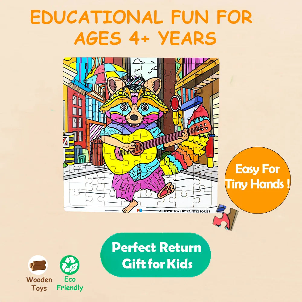 PAINTZSTORIES Guitarist Raccoon Wooden Puzzle | 1 Set 64 Pieces Jigsaw Puzzle | Educational Puzzle for Cognitive & Motor Skills Development | Birthday Gift for Kids | 4+ Years | Size 9 * 9 Inch