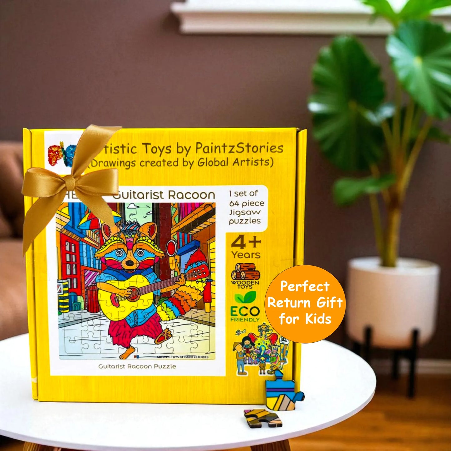 PAINTZSTORIES Guitarist Raccoon Wooden Puzzle | 1 Set 64 Pieces Jigsaw Puzzle | Educational Puzzle for Cognitive & Motor Skills Development | Birthday Gift for Kids | 4+ Years | Size 9 * 9 Inch