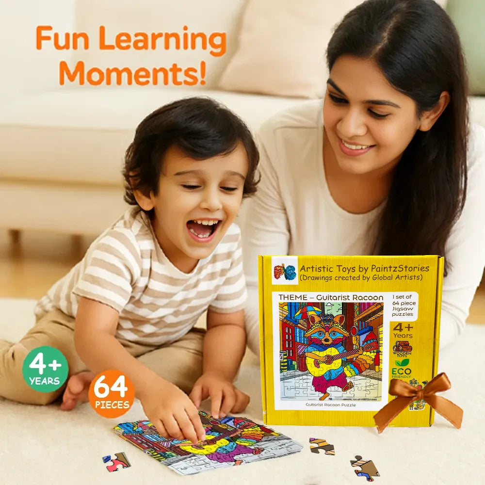 PAINTZSTORIES Guitarist Raccoon Wooden Puzzle | 1 Set 64 Pieces Jigsaw Puzzle | Educational Puzzle for Cognitive & Motor Skills Development | Birthday Gift for Kids | 4+ Years | Size 9 * 9 Inch