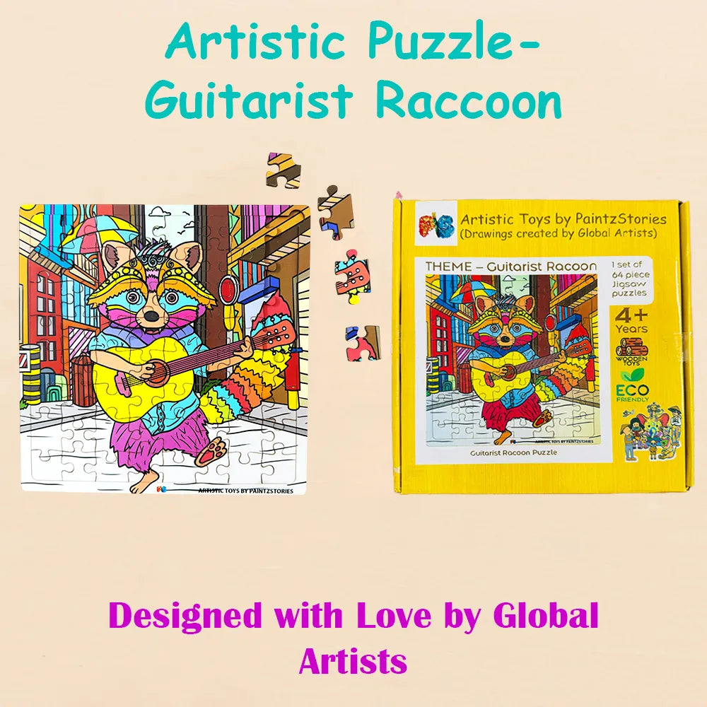 PAINTZSTORIES Guitarist Raccoon Wooden Puzzle | 1 Set 64 Pieces Jigsaw Puzzle | Educational Puzzle for Cognitive & Motor Skills Development | Birthday Gift for Kids | 4+ Years | Size 9 * 9 Inch